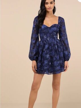 Lulu's Navy Blue Floral Sweetheart Mini Dress